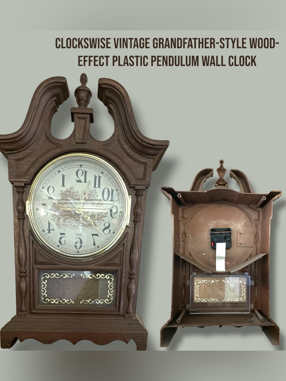 Clockwise Vintage-Style Grandfather Shelf Sitter Clock Faux Wood Battery Operate